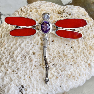 PD 10995 B-CR-AM-(HANDMADE 925 BALI SILVER DRAGONFLY PENDANT WITH AMETHYST AND CORAL)